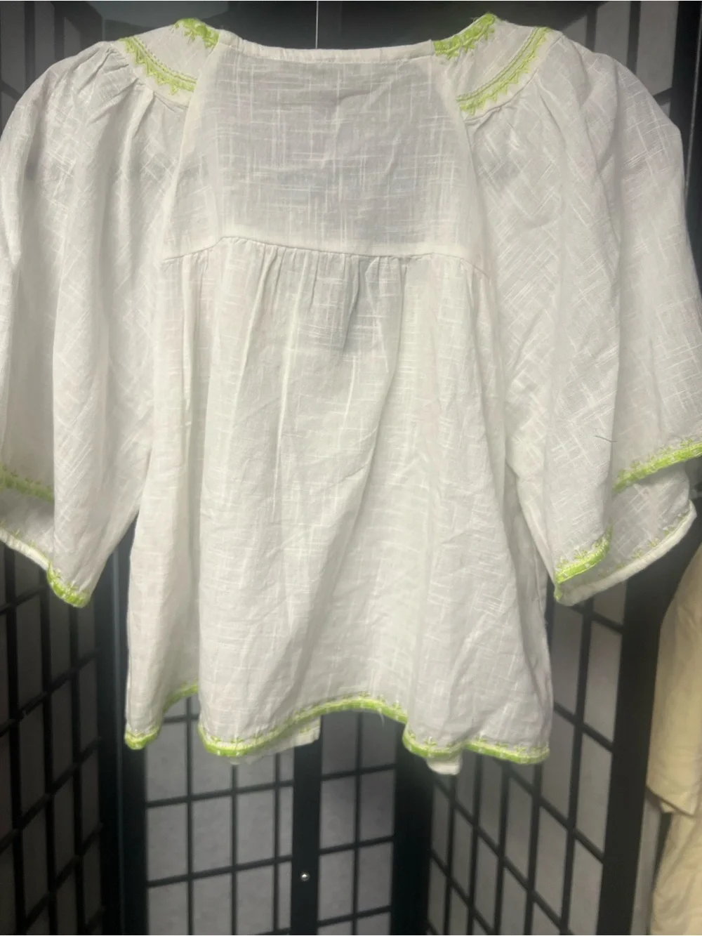Zara White Peasant Blouse with Neon Green Trim